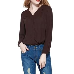 Bar III Burgundy Long Sleeve V-Neck Chiffon Blouse Womens S Hi Low Relaxed Fit